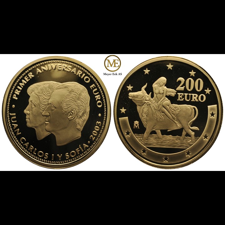 200 euro 2003 Spania. 1 års jubileum for euro. 30mm. Proof