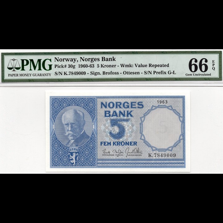 5 kroner 1963 K.7849009-10. Gradert til 66 EPQ hos PMG. Nydelig sedler i serie. Kv.0