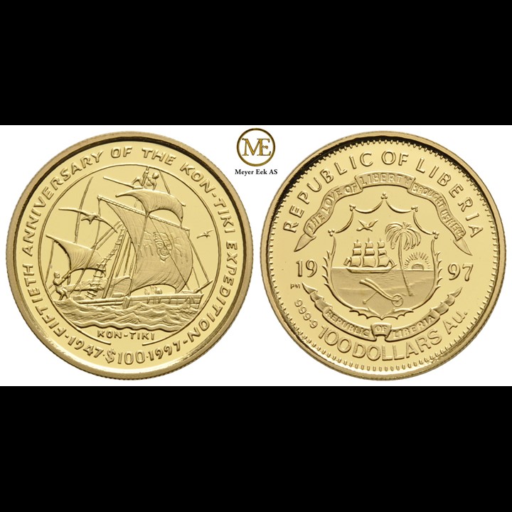 100 Dollars 1997 Liberia gull og sølv. Kon-Tiki mynter