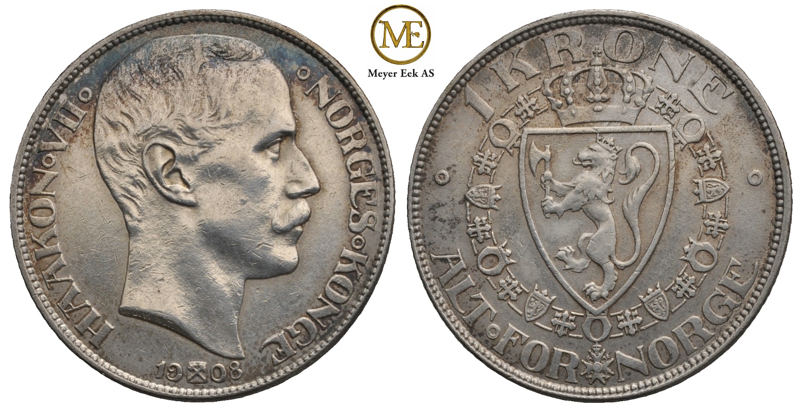 1 krone 1908 p/plate Haakon VII. Kv.01
