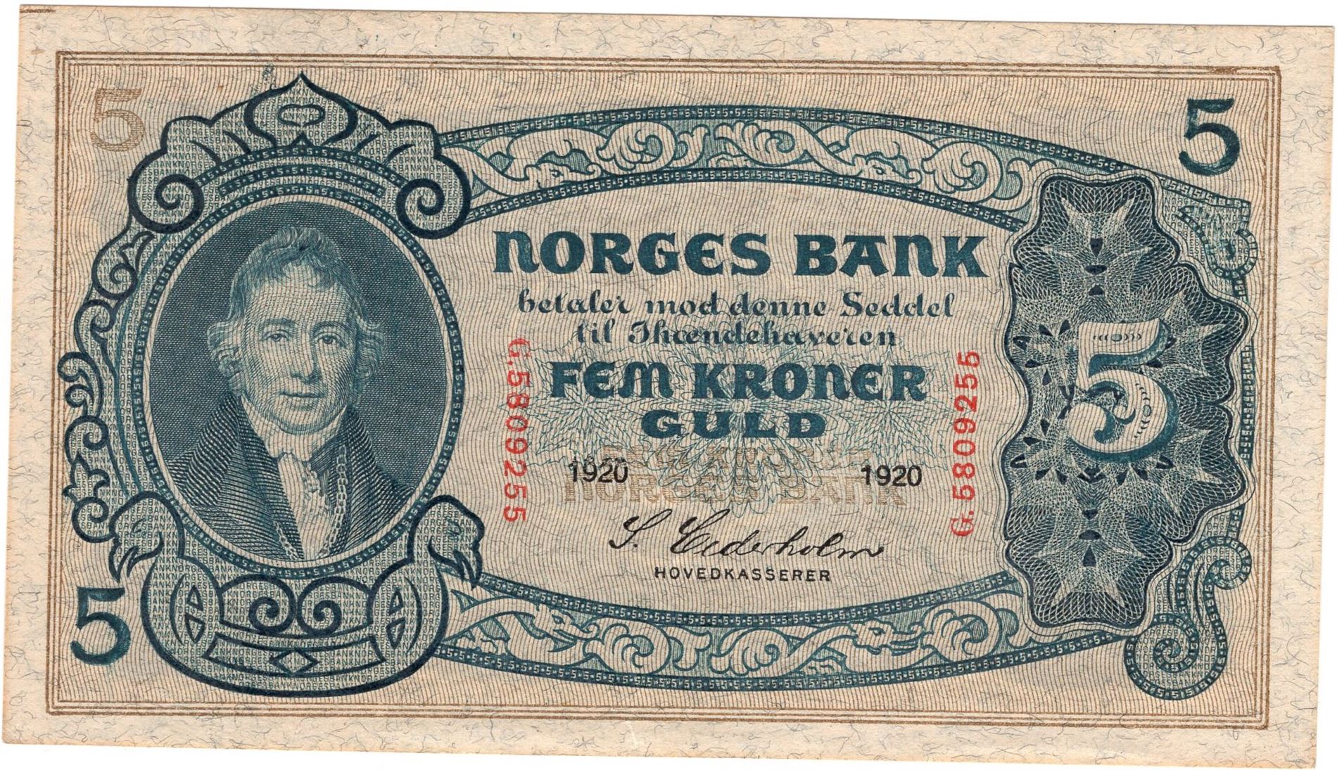 5 kroner 1920 G.5809255. Svak midtbrett. Ex. Riibe. Kv.0/01