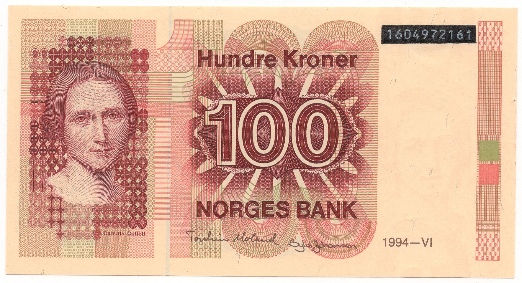100 kroner 1994 6. utg. med sort overtrykk. Kv.0