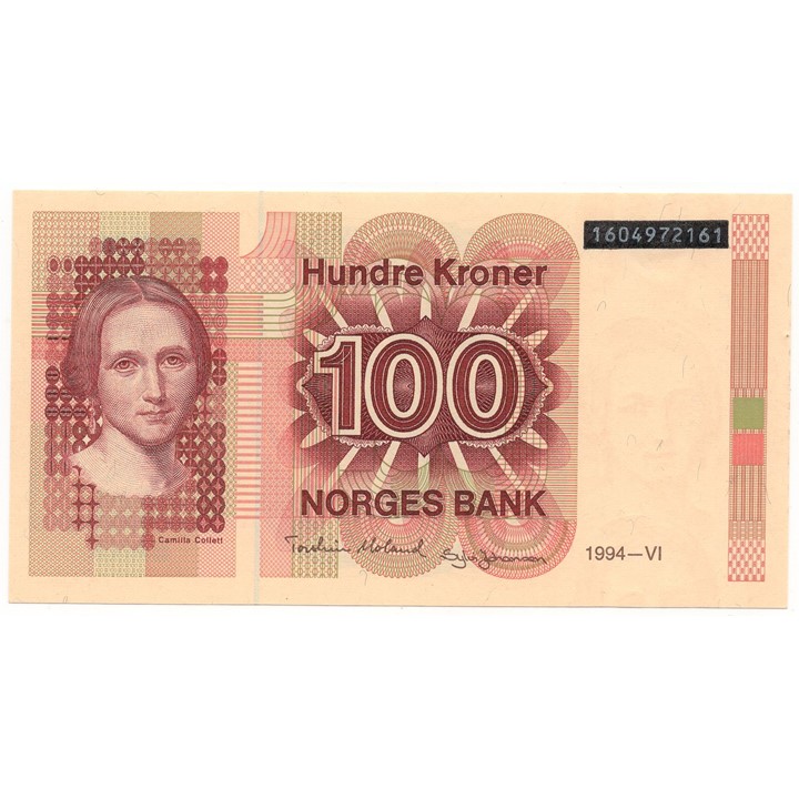 100 kroner 1994 6. utg. med sort overtrykk. Kv.0