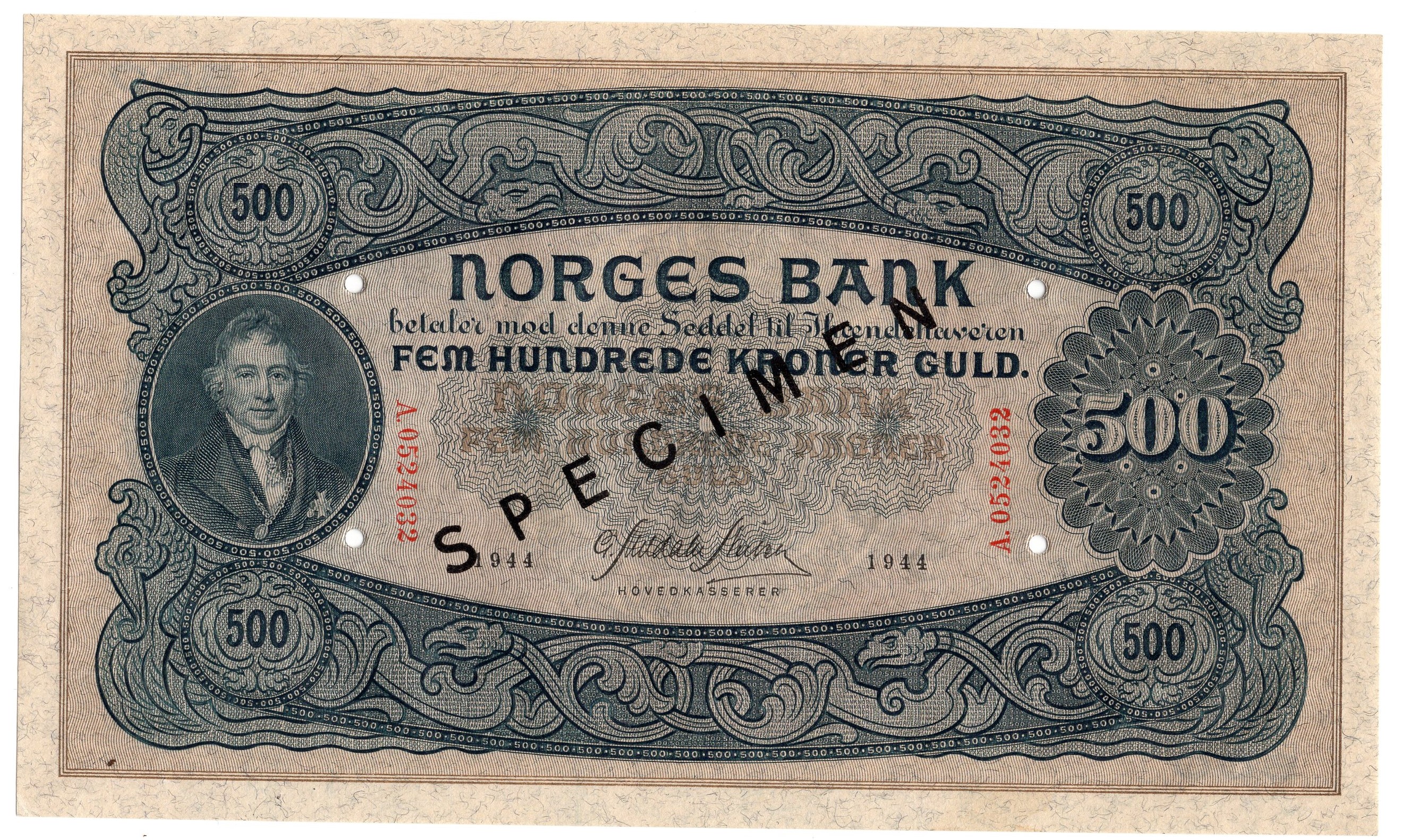 500 kroner 1944 A.0524032. SPECIMEN. Kv.0