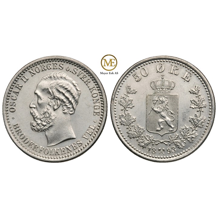 50 øre 1893 Oscar II. Praktfull mynt. Kv.0