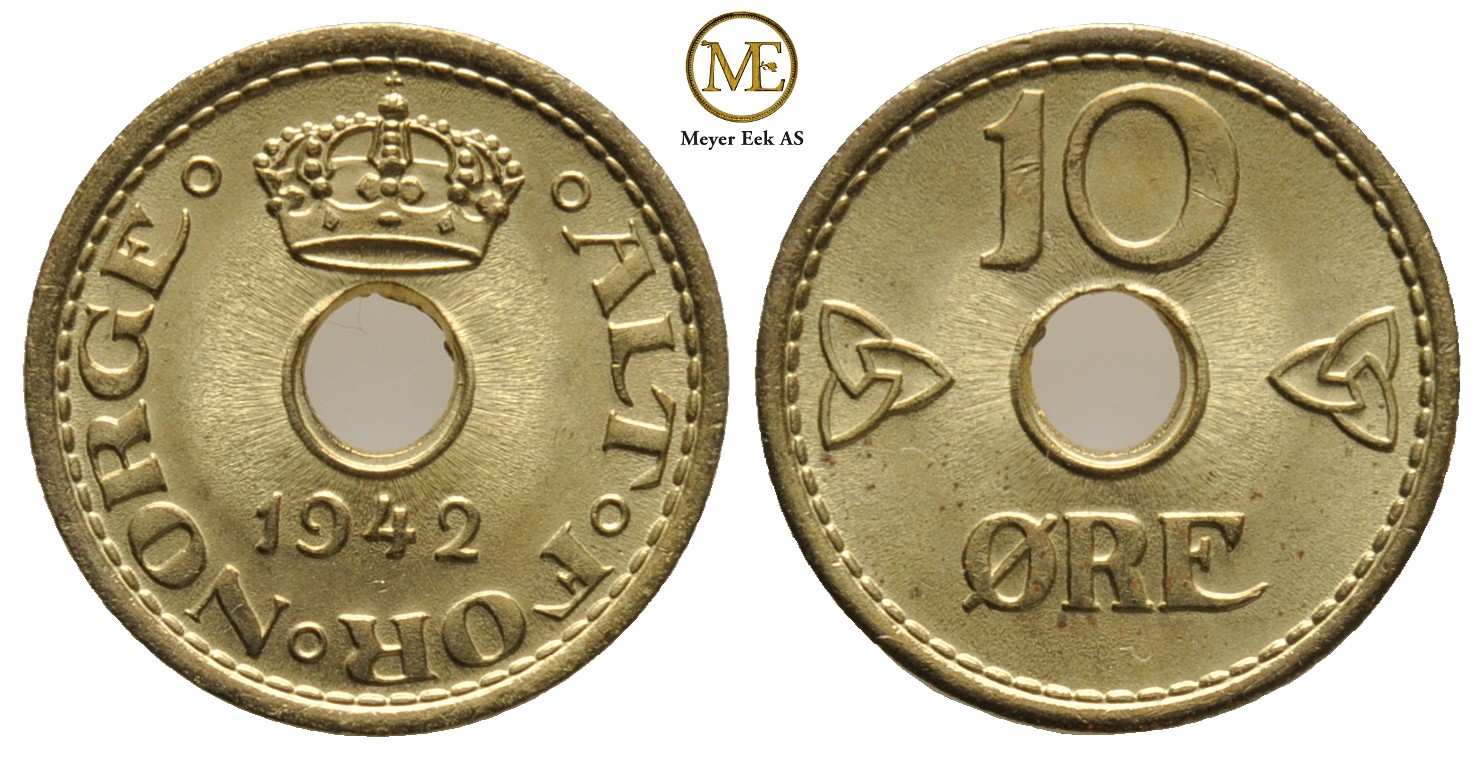 10 øre 1942 Haakon VII. London utgaven. Praktfull. Kv.0