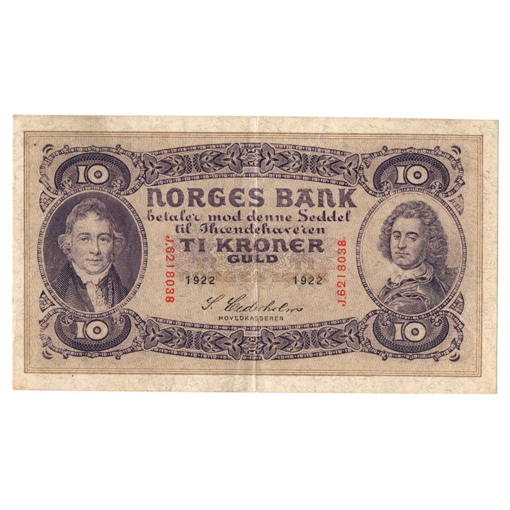 10 kroner 1922 J.6218038. Kv.1+