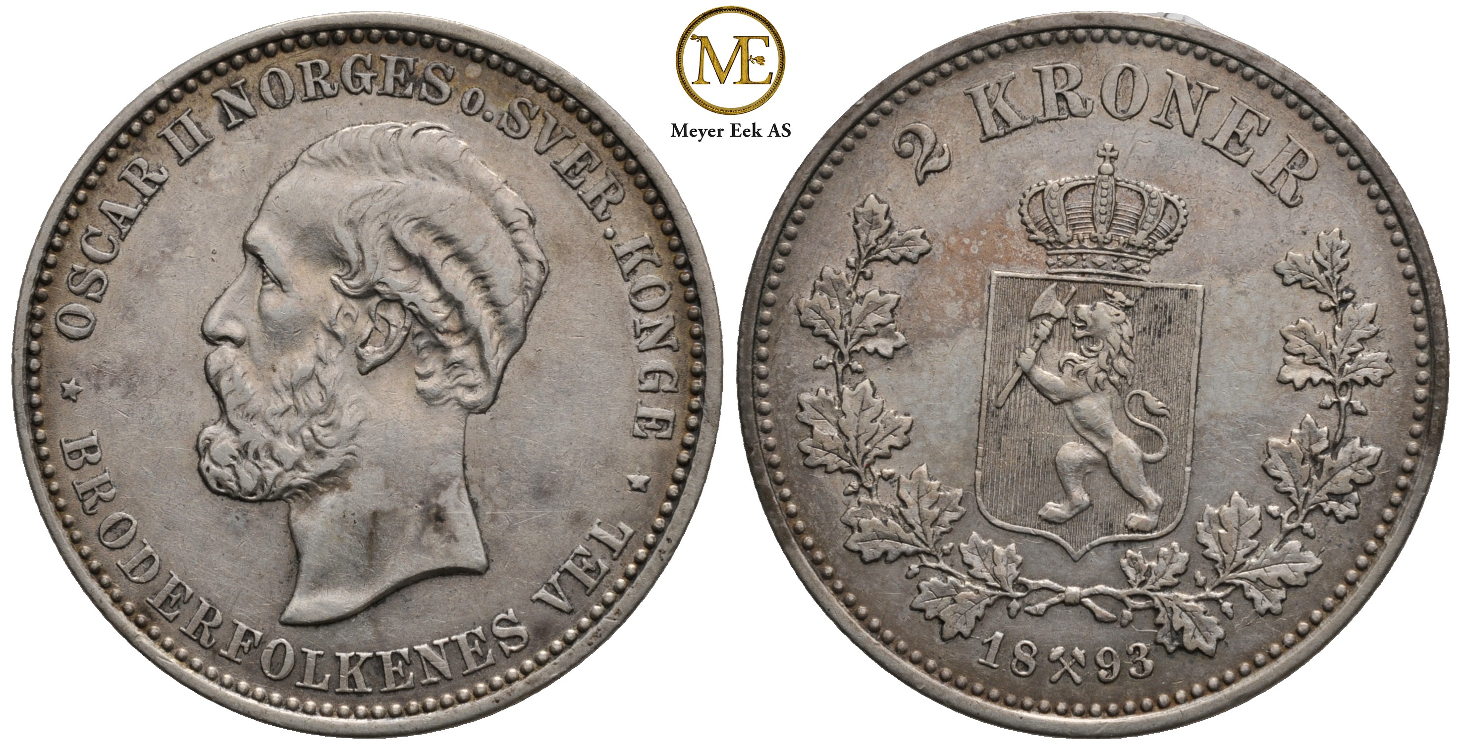 2 kroner 1893 Oscar II. Kv.1+/01