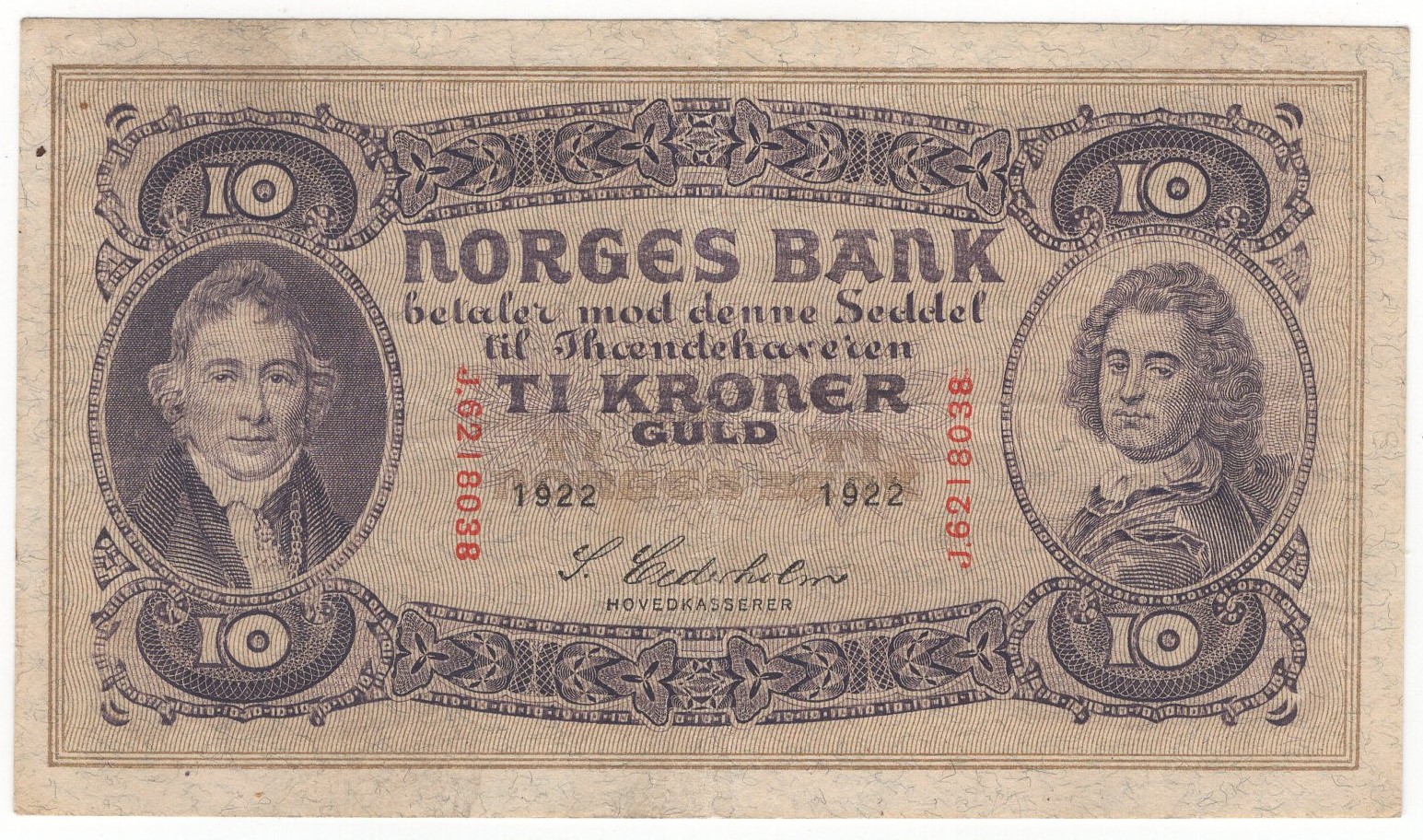 10 kroner 1922 J.6218038. Kv.1/1+