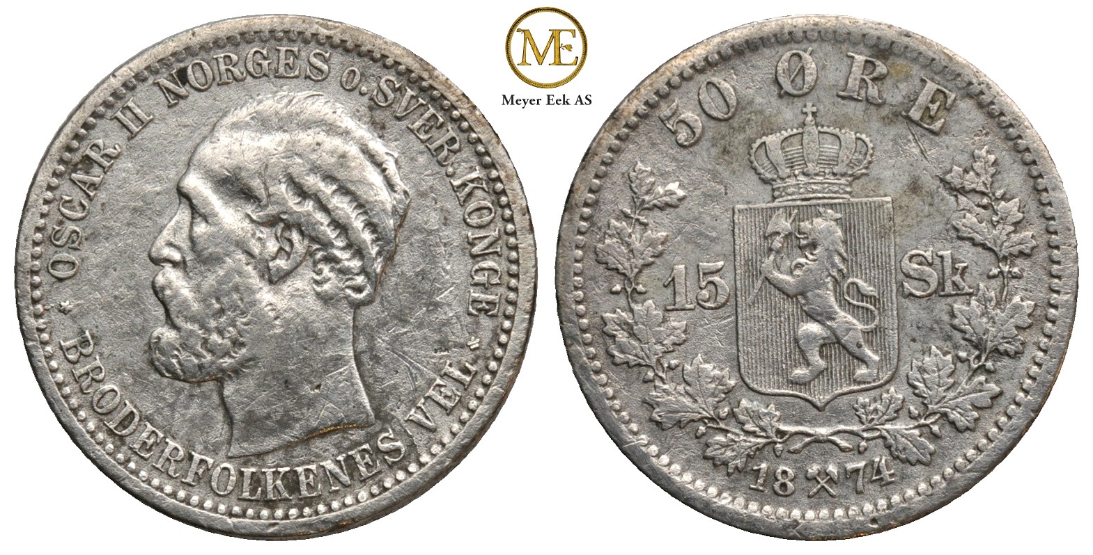 50 øre/15 sk. 1874 Oscar II. Kv.1