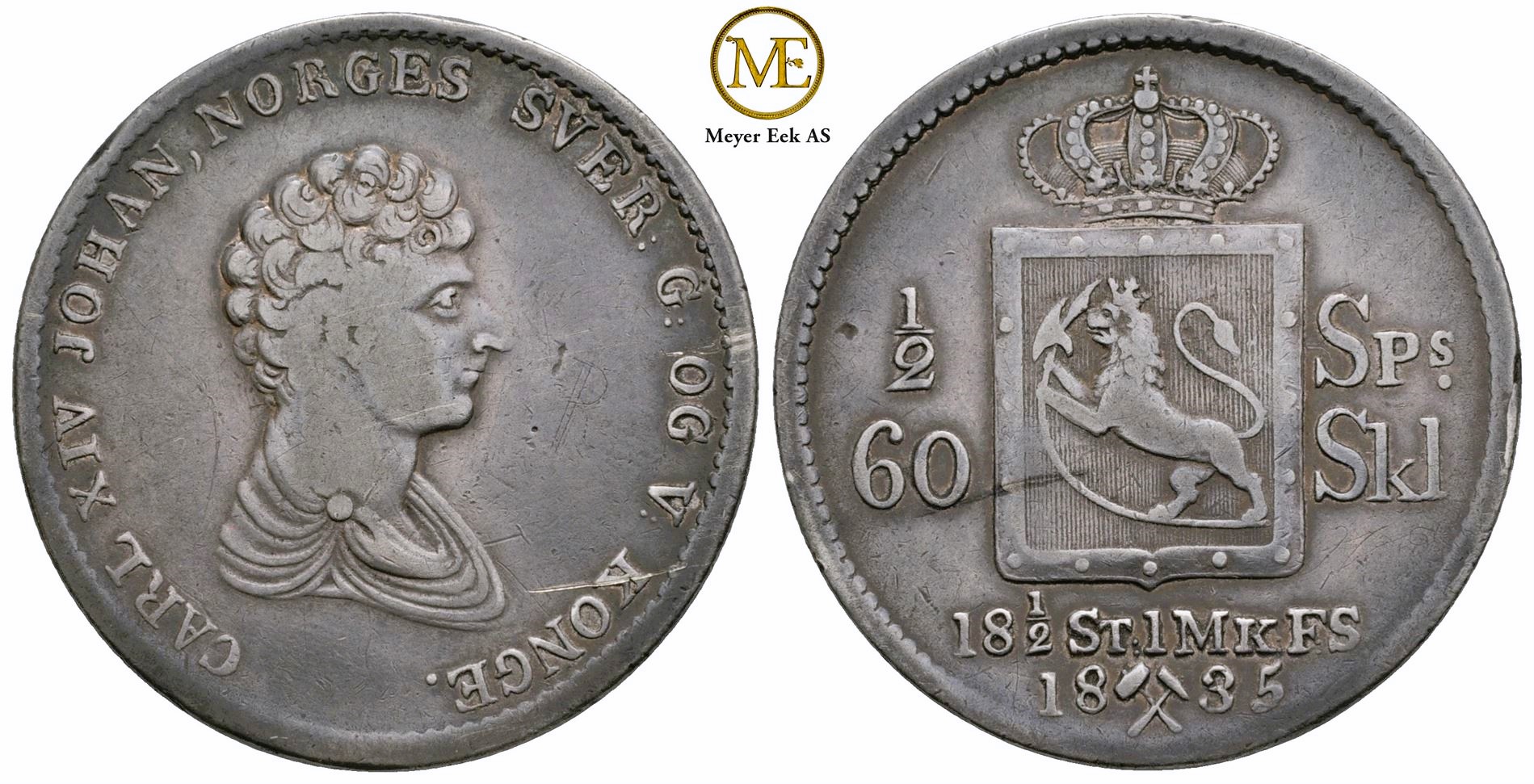 1/2 speciedaler 1835 Carl XIV Johan. Kv.1