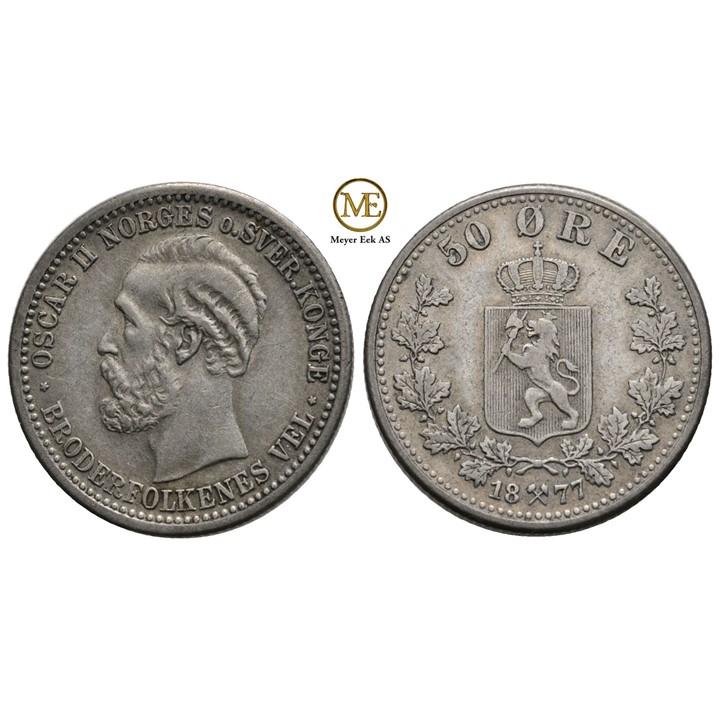 50 øre 1877 Oscar II. Kv.1+