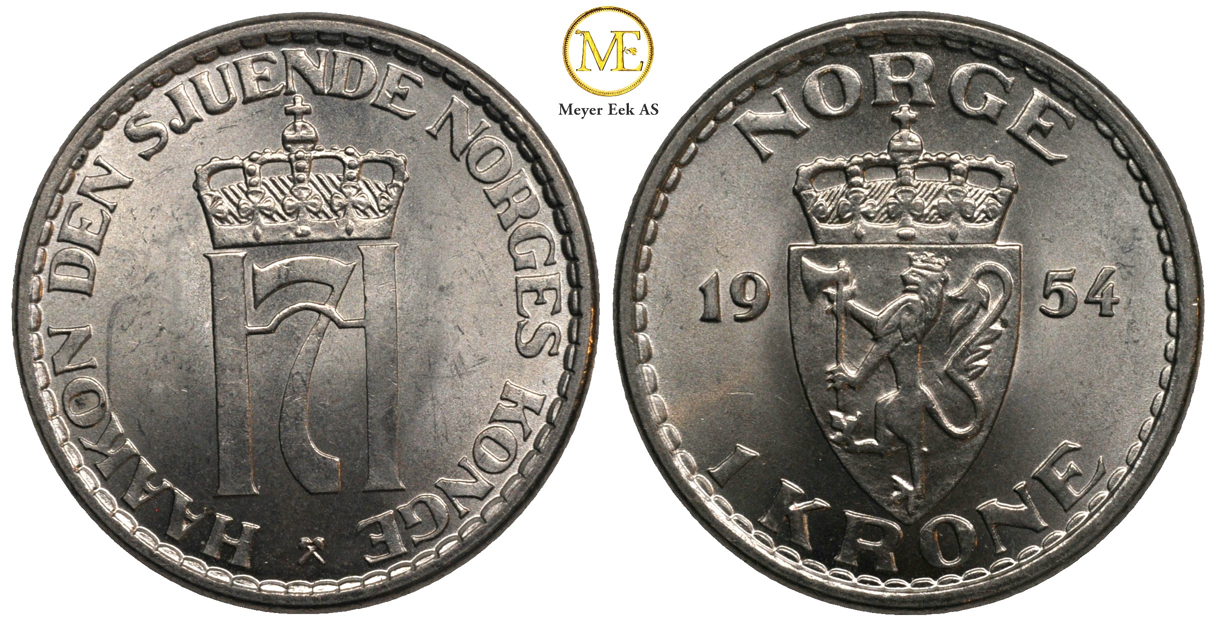 1 krone 1954 Haakon VII. Praktfull mynt. Kv.0