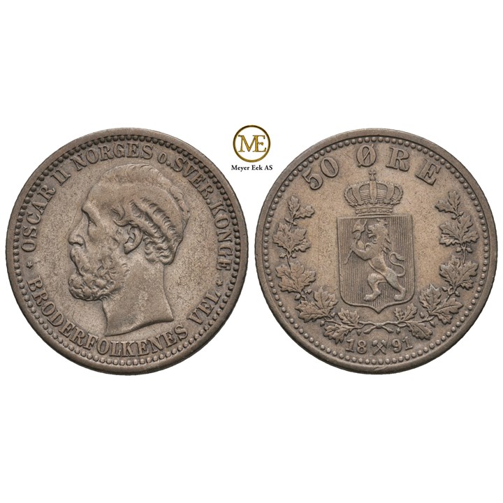50 øre 1891 Oscar II. Kv.1+