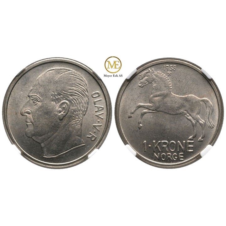 1 krone 1958 Olav V. Gradert til MS64 hos NGC