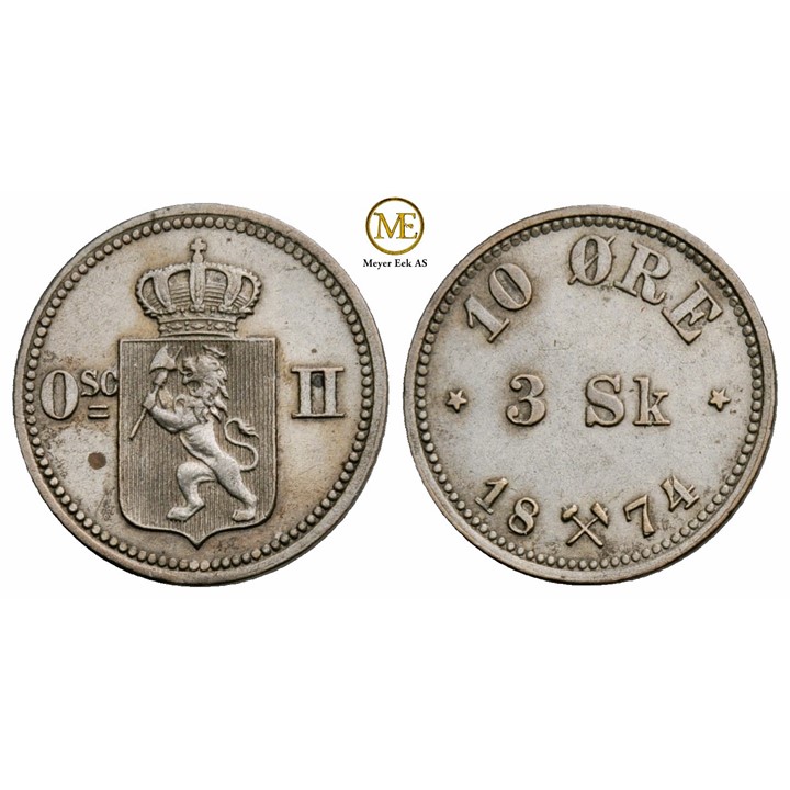 10 øre/3 skilling 1874 Oscar II. Kv.01