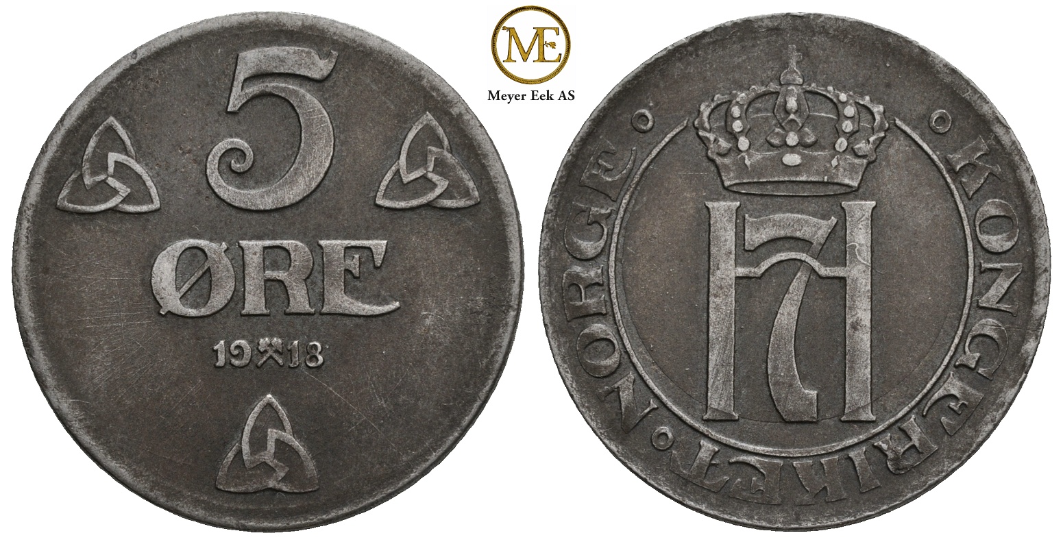 5 øre 1918 Haakon VII. Kv.1+