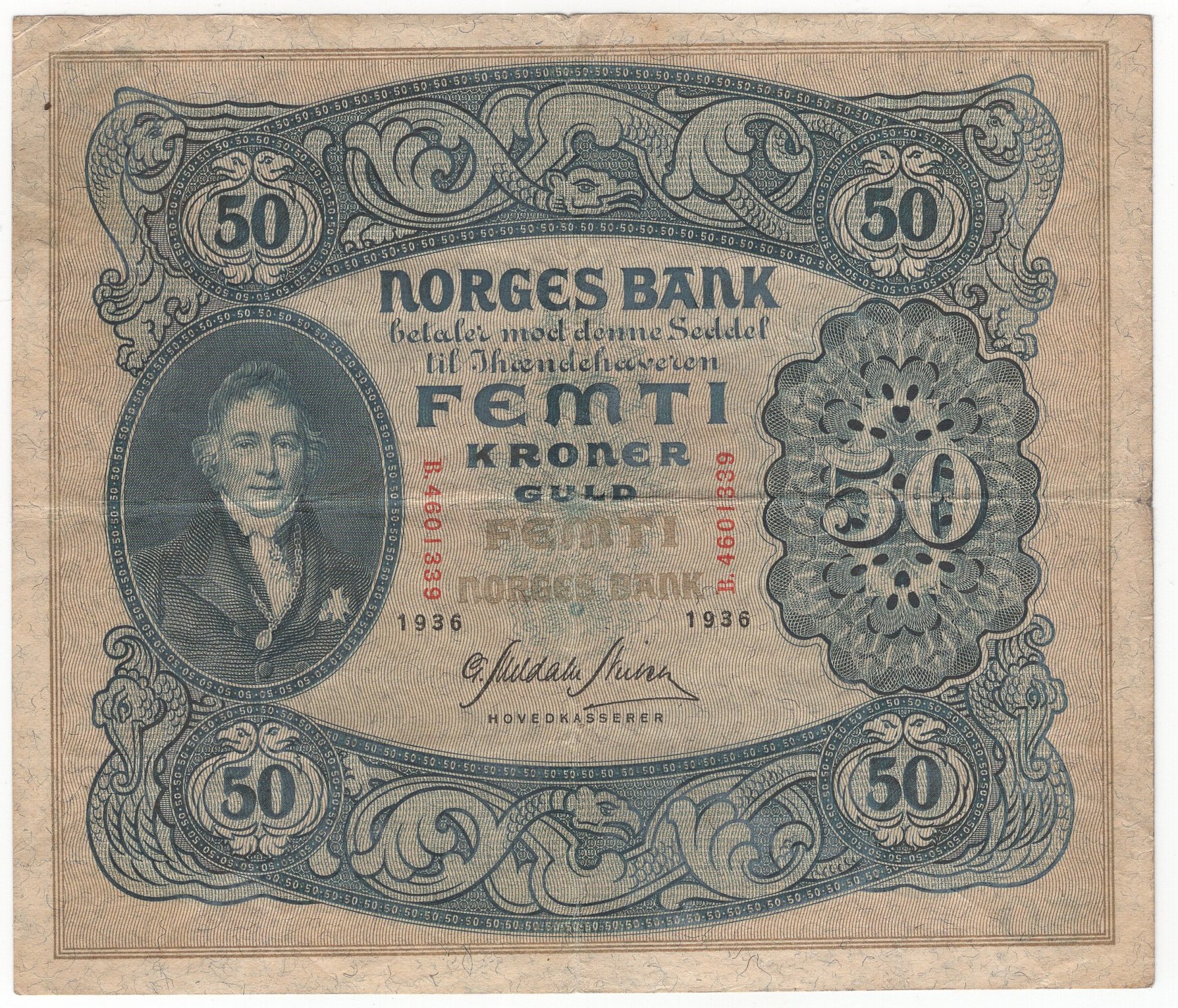 50 kroner 1936 B.4601339. Kv.1/1-