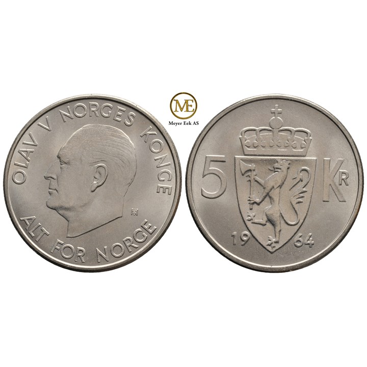 5 kroner 1964 Olav V. Praktfull. Kv.0