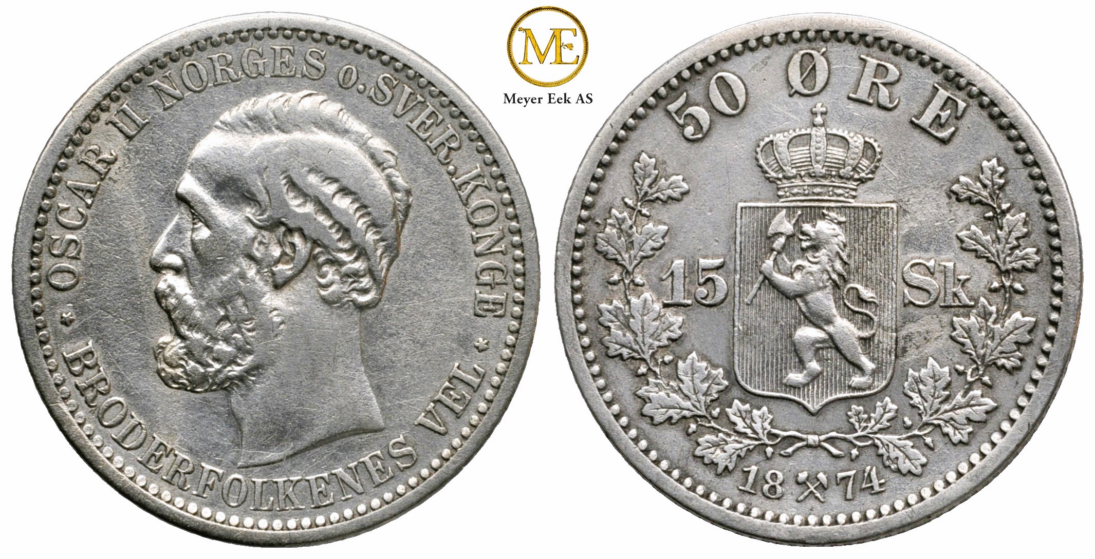 50 øre/15 skilling 1874 Oscar II. Kv.1+