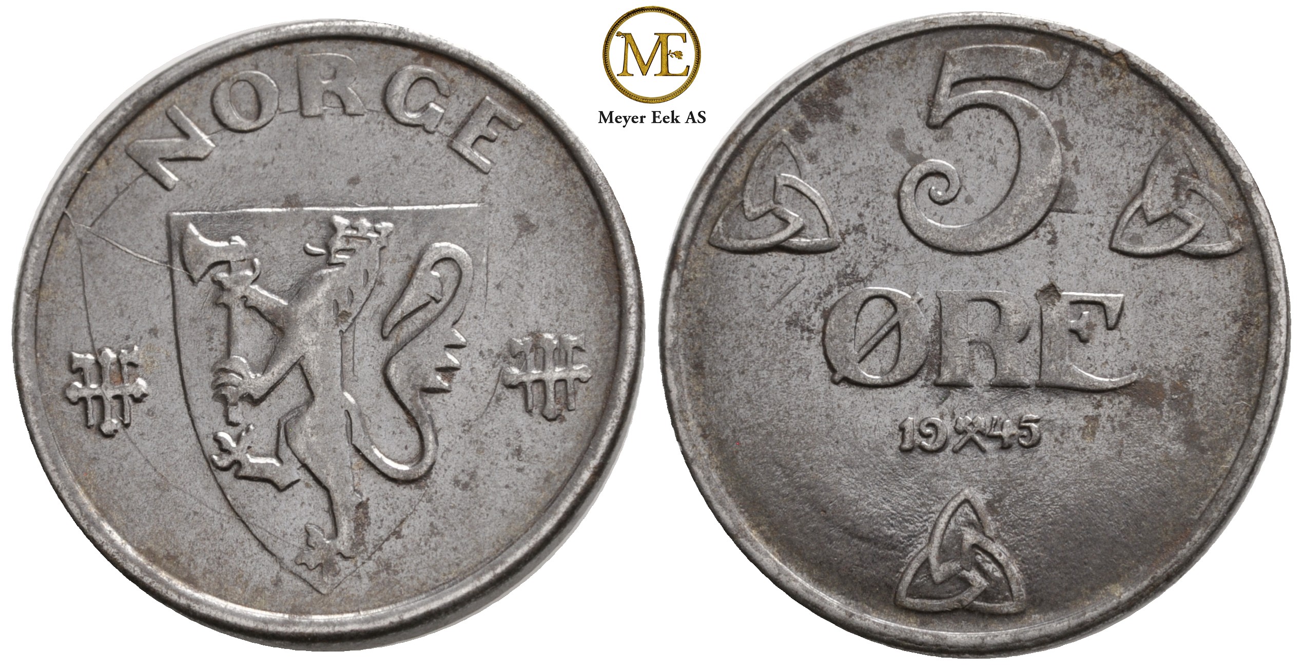 5 øre 1945 jern Haakon VII. Kv.01