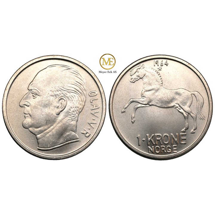 1 krone 1964 Olav V. Praktfull mynt. Kv.0