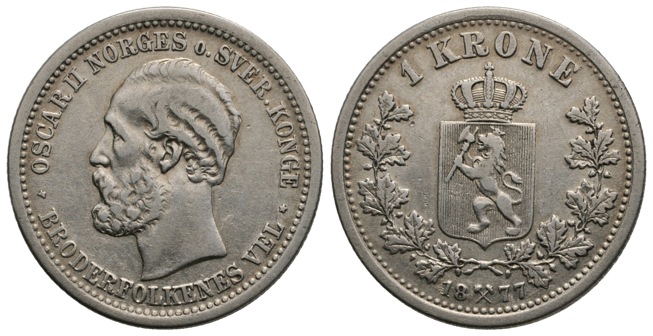 1 krone 1877 Oscar II. Kv.1/1+