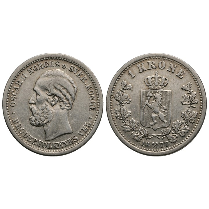 1 krone 1877 Oscar II. Kv.1/1+