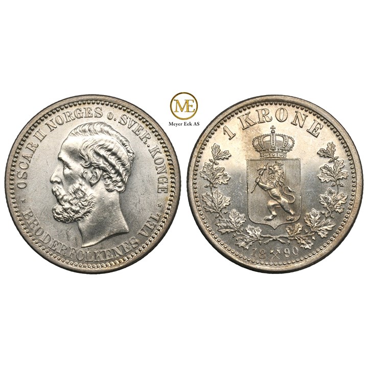 Praktfull 1 krone 1890 Oscar II. Kv.0