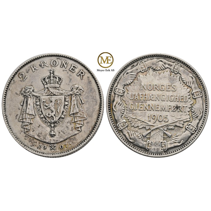 2 kroner 1907 m/gevær Haakon VII. Kv.1/1+