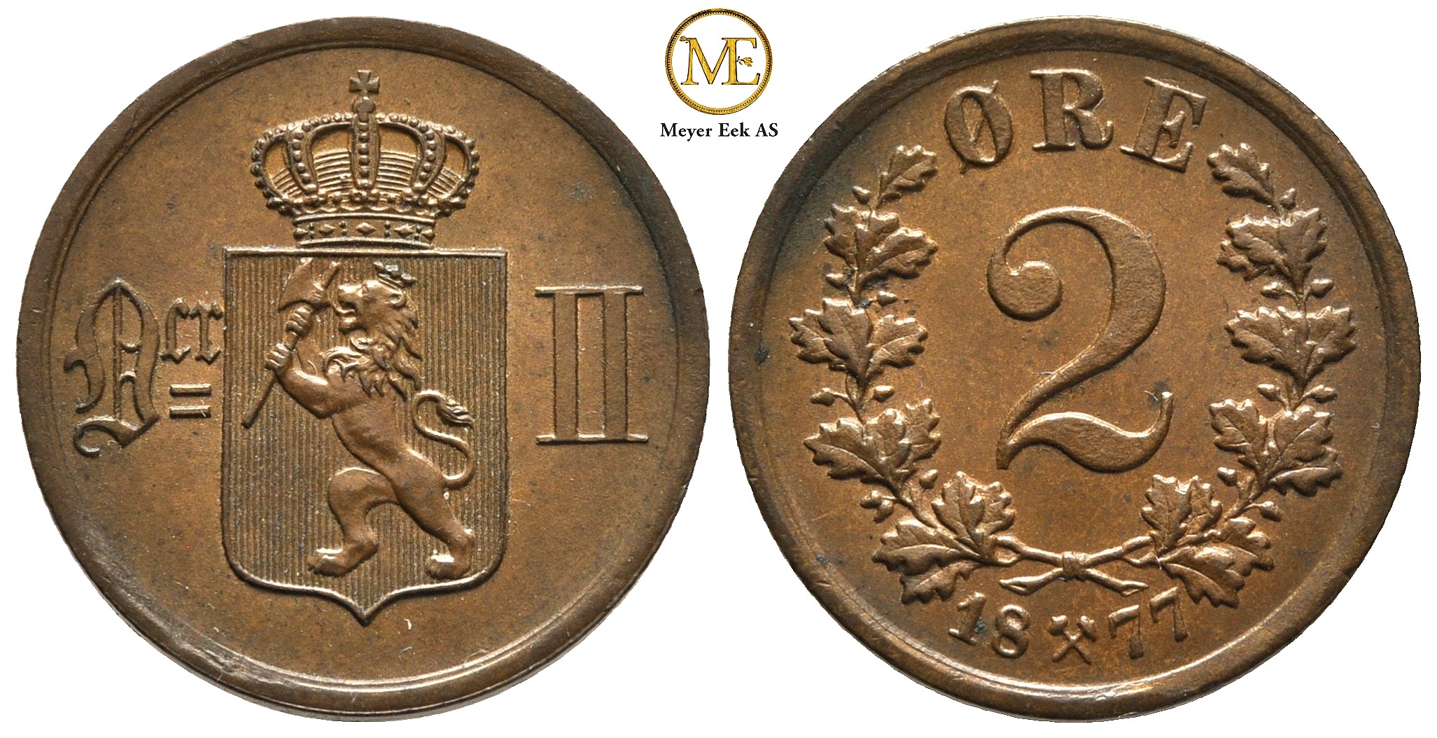 2 øre 1877 Oscar II. Kv.0