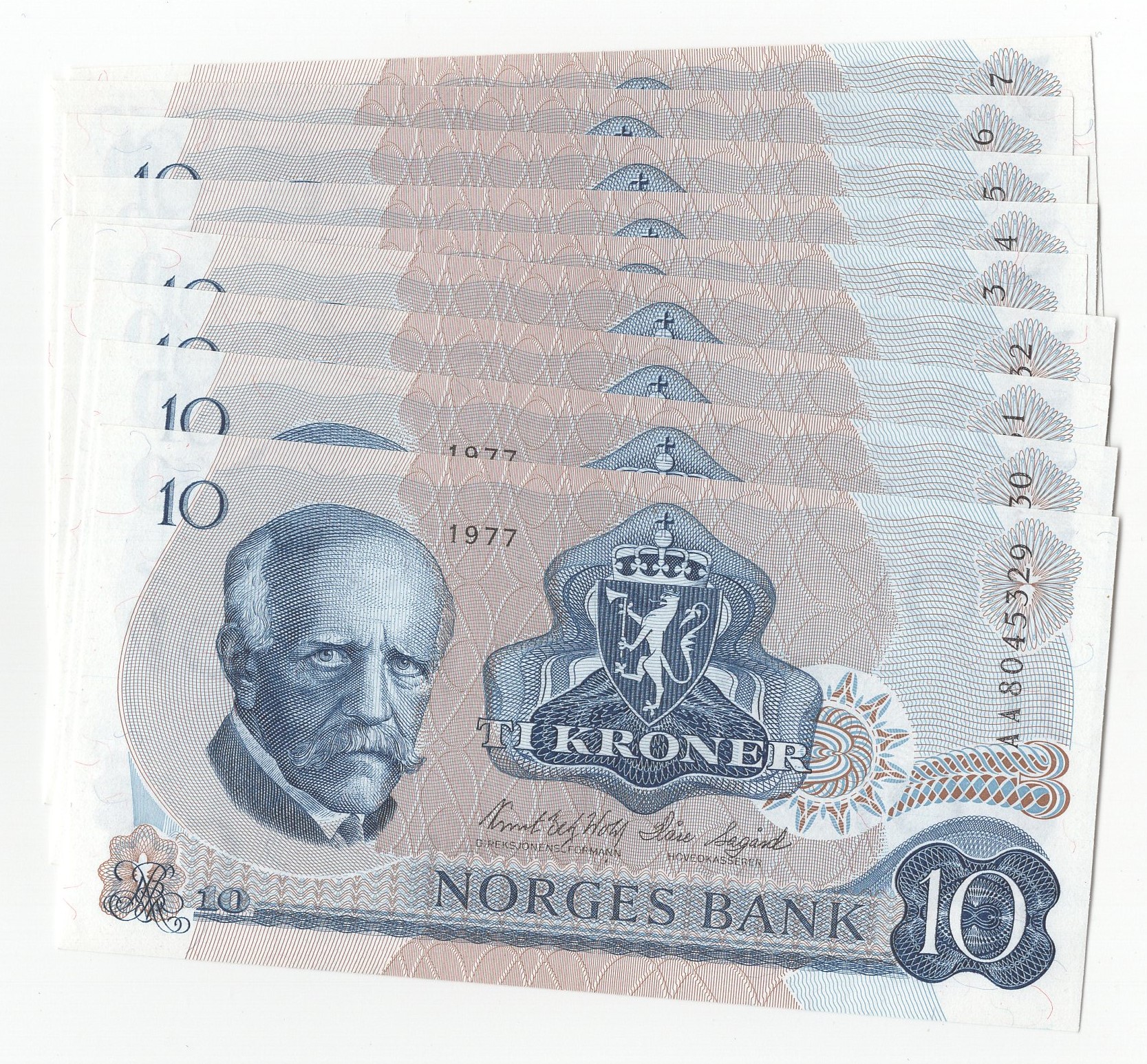 10 kroner 1977 AA. 10 stk i serie Kv.0