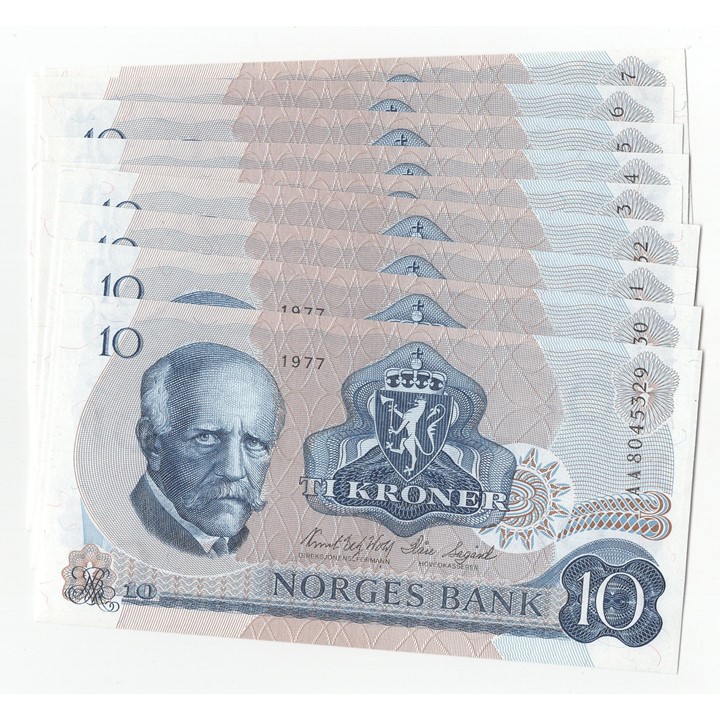 10 kroner 1977 AA. 10 stk i serie Kv.0