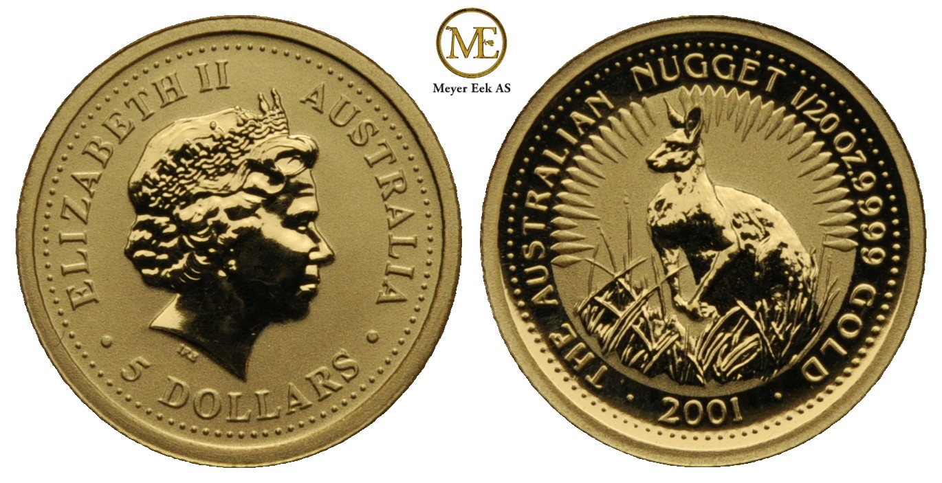 5 dollar 2001 Australia. 1/20 oz (999). Med 0,7gram gull nuggets