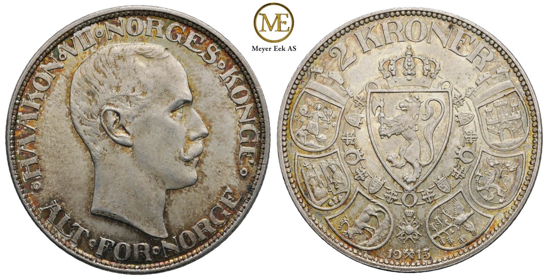 2 kroner 1913 Haakon VII. Flott patina. Kv.0