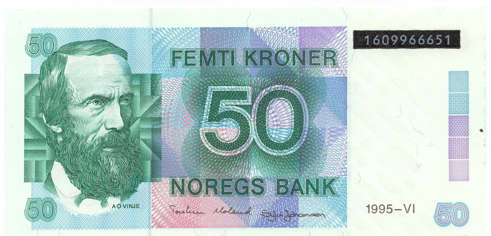 50 kroner 1995 6. utg. med sort overtrykk. Kv.0
