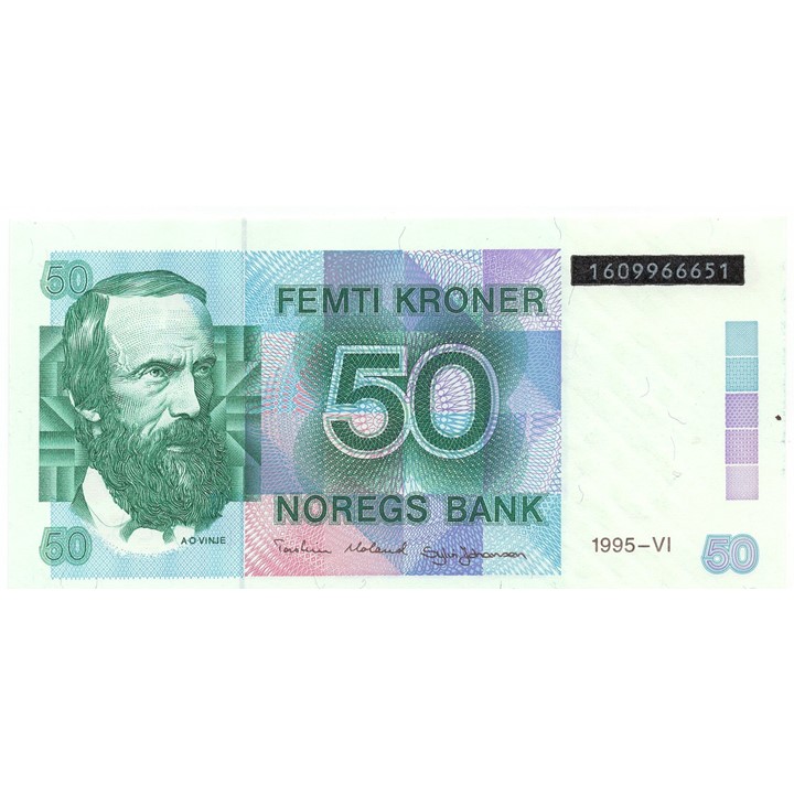 50 kroner 1995 6. utg. med sort overtrykk. Kv.0