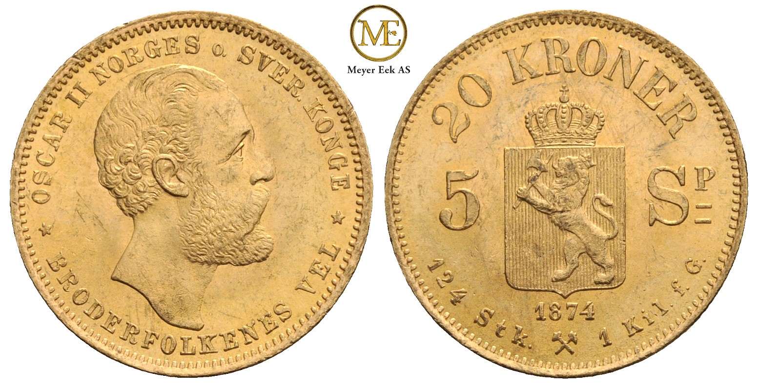 20 kroner/5 Spc. 1874 Oscar II. Kv.0/01