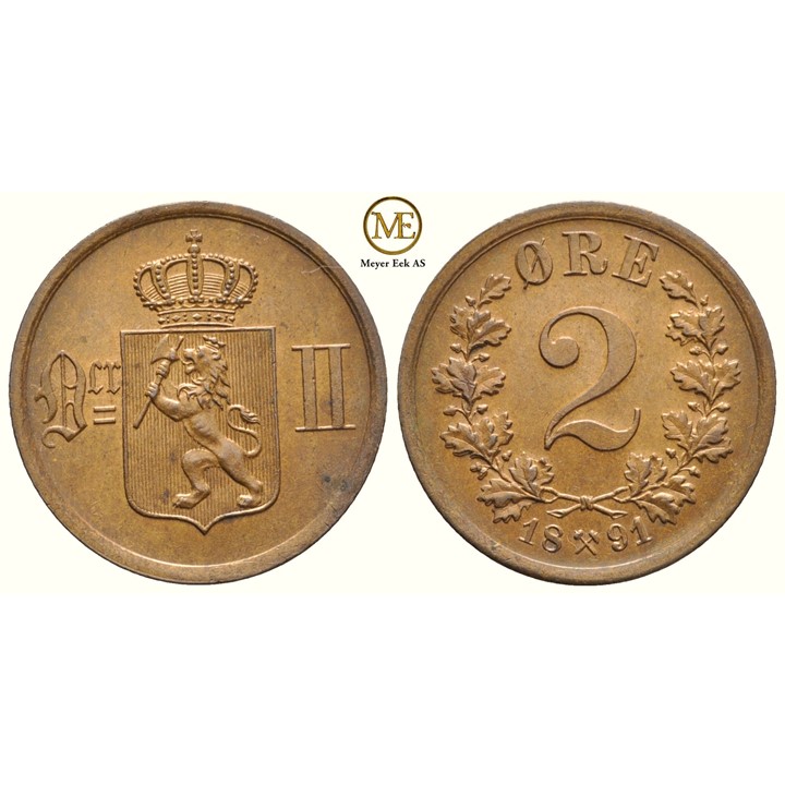 2 øre 1891 Oscar II. Kv.0