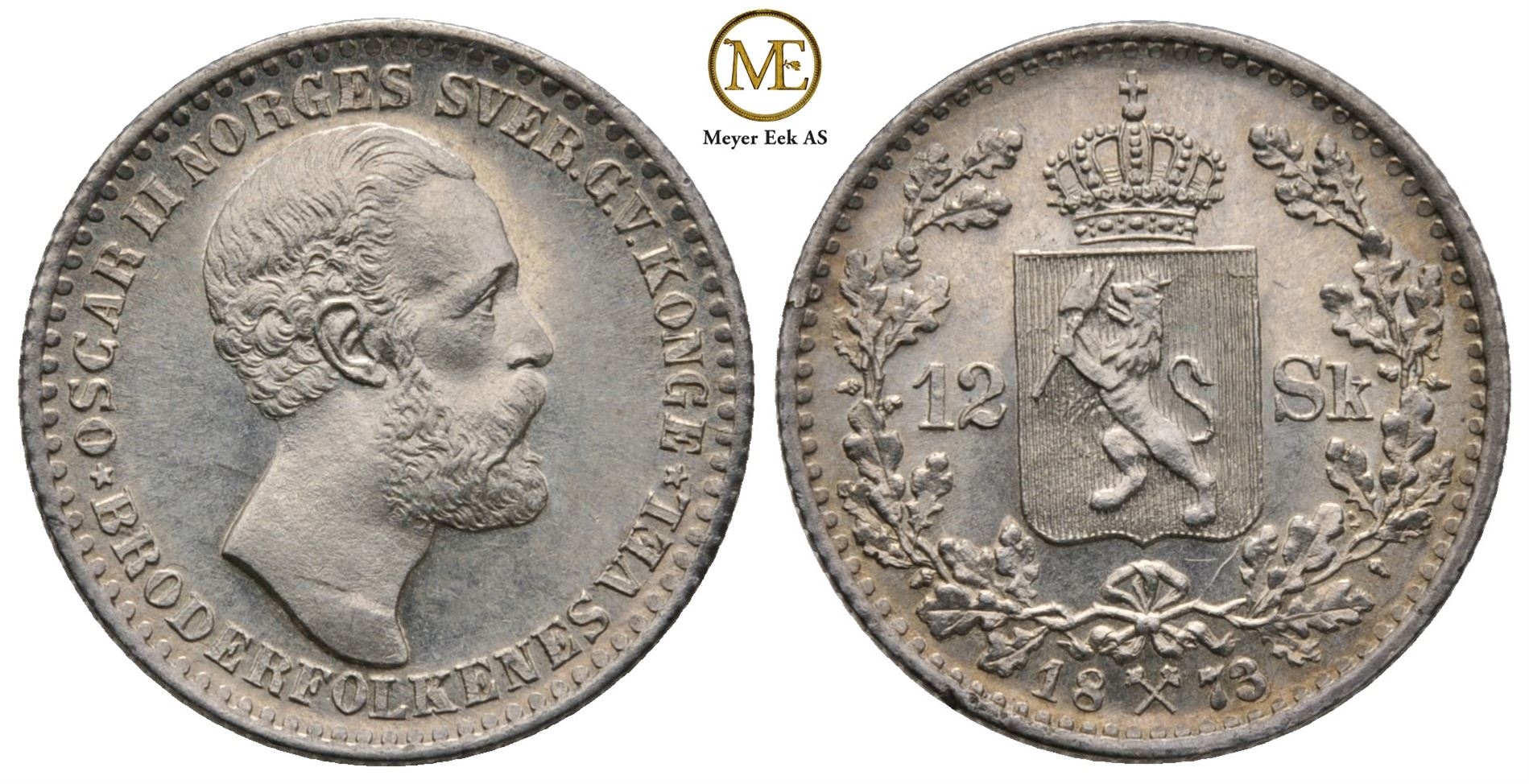 12 skilling 1873 Oscar II. Praktfullt eksemplar. Kv.0