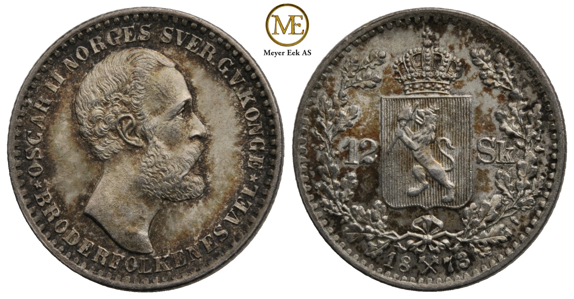 12 skilling 1873 Oscar II. Praktfull mynt i kv.0