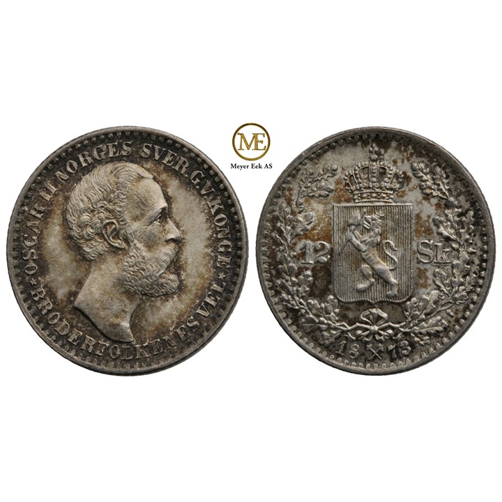 12 skilling 1873 Oscar II. Praktfull mynt i kv.0