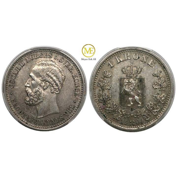 1 krone 1900 Oscar II. Gradert til AU55 hos PCGS. Kv.01