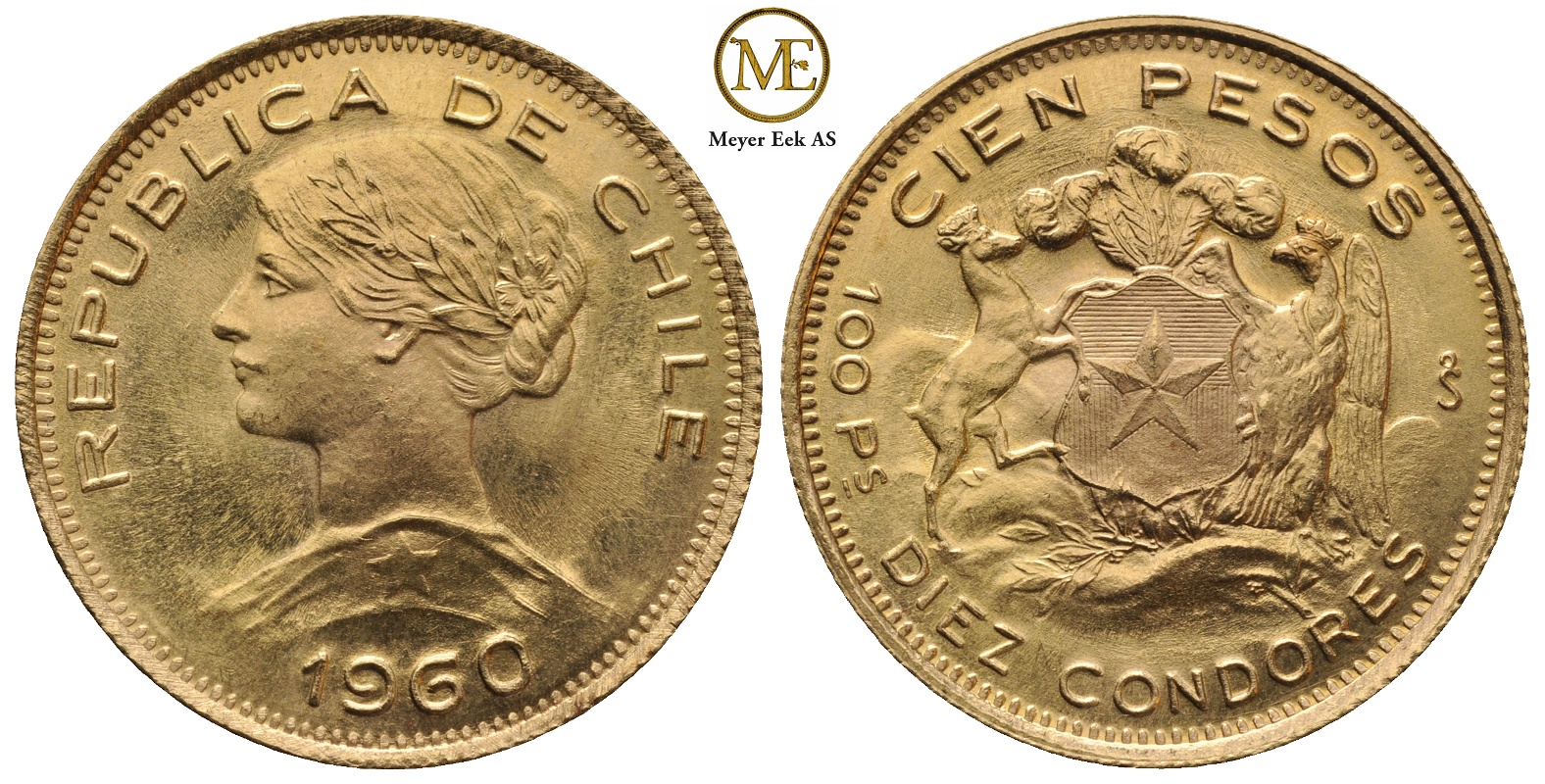 100 pesos 1960 Chile. 20,34 gr. Kv.0/01