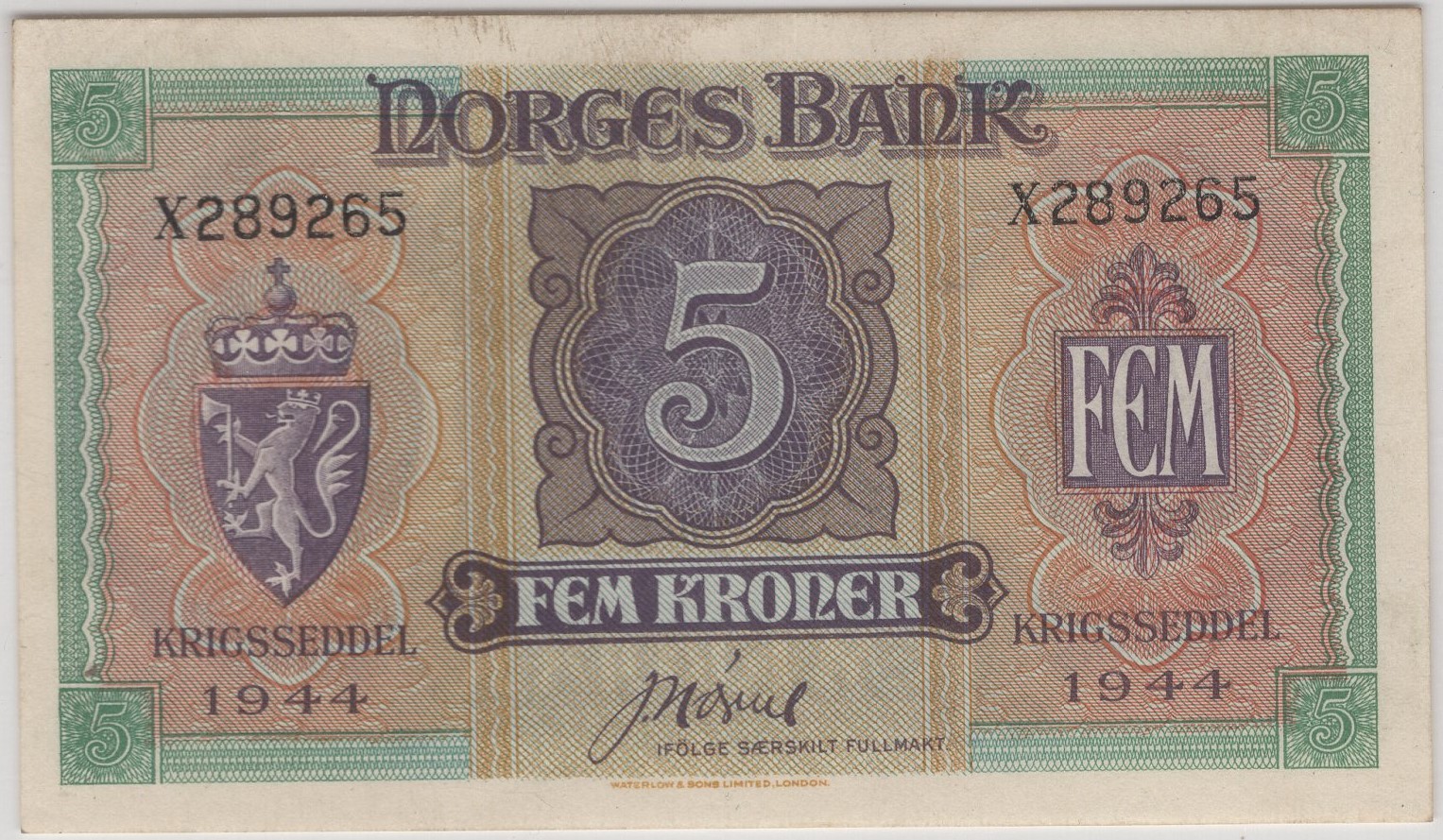 5 kroner 1944 X.289265 Kv.01