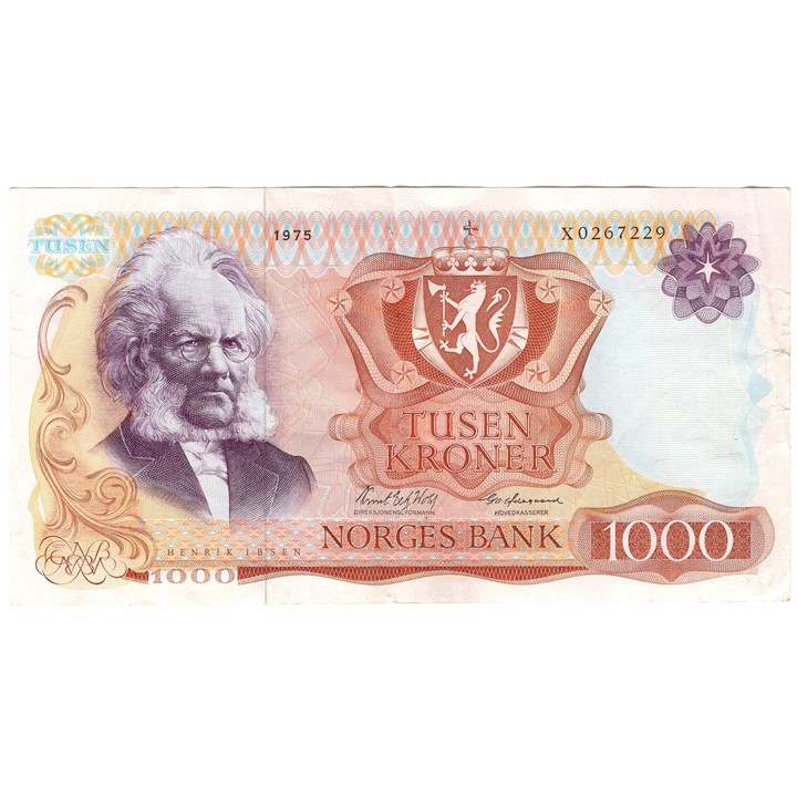 1000 kroner 1975 erstatningsseddel. X. Kv.1/1+