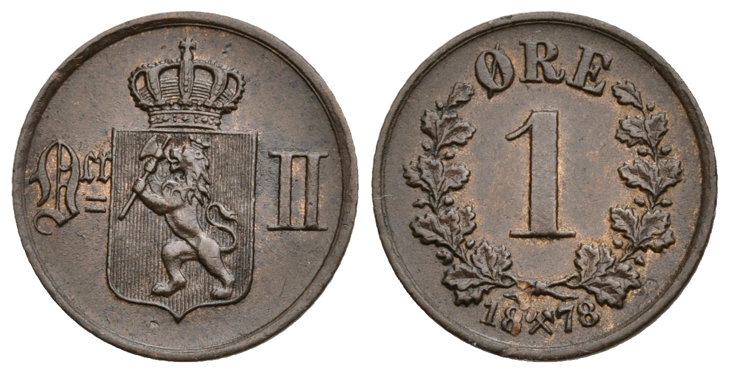 1 øre 1878 Oscar II. Kv.1+