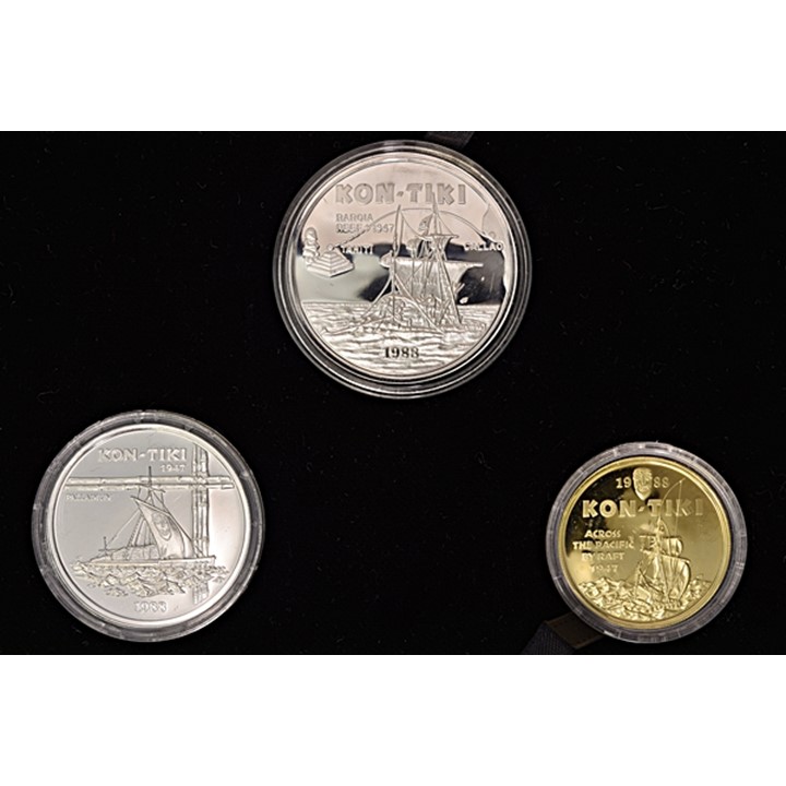Komplett Kon-Tiki myntsett med gull, palladium og sølv mynt