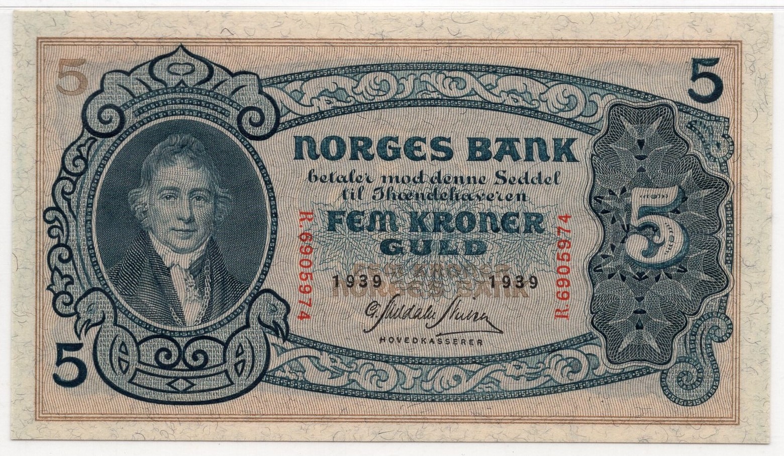 5 kroner 1939 R.6905974. Gradert til 65 EPQ hos PMG.