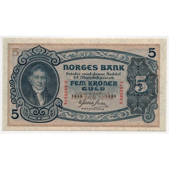 5 kroner 1939 R.6905974. Gradert til 65 EPQ hos PMG.